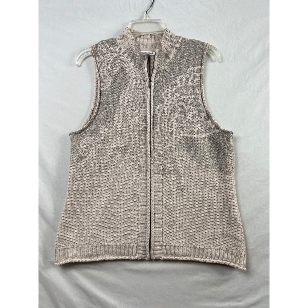 Coldwater Creek Sweater Vest Women L Beige Grey Paisley Wool Blend Full Zip Mock